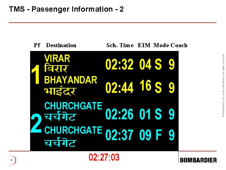 TMS - Passenger Information - 2 Destination Sch. Time EIM Mode Coach © Bombardier