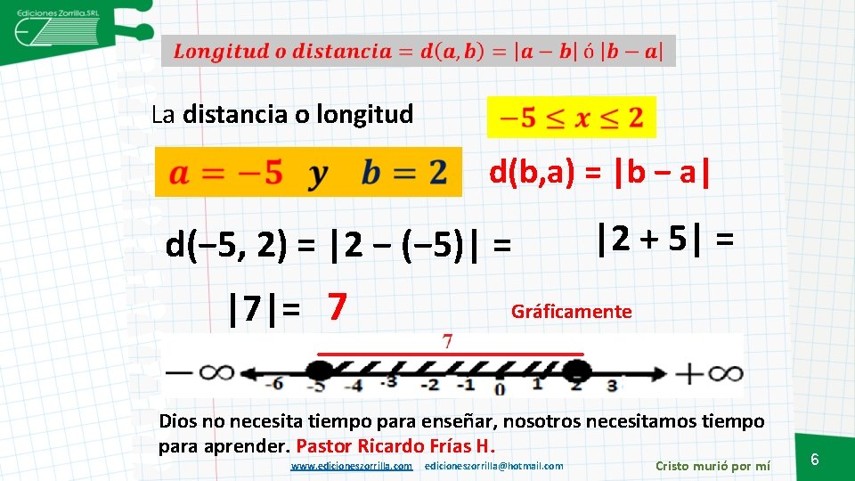  La distancia o longitud d(b, a) = |b − a| d(− 5, 2)