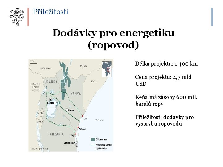 Příležitosti Dodávky pro energetiku (ropovod) Délka projektu: 1 400 km Cena projektu: 4, 7