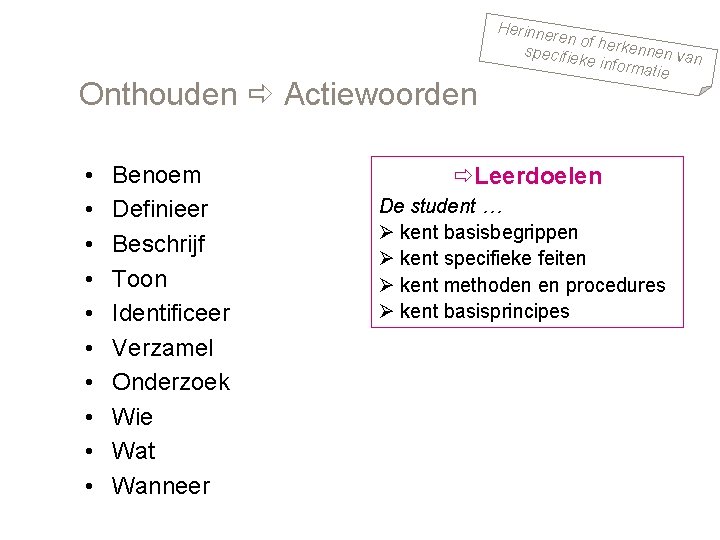 Onthouden Actiewoorden • • • Benoem Definieer Beschrijf Toon Identificeer Verzamel Onderzoek Wie Wat