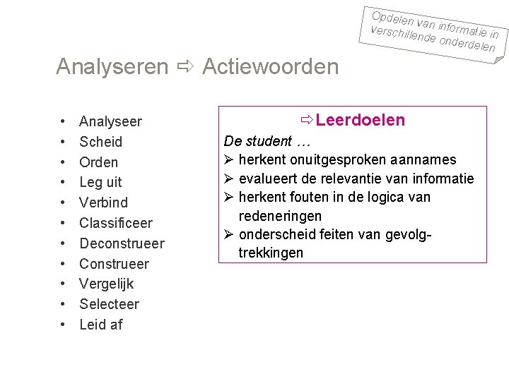 Analyseren Actiewoorden • • • Analyseer Scheid Orden Leg uit Verbind Classificeer Deconstrueer Construeer