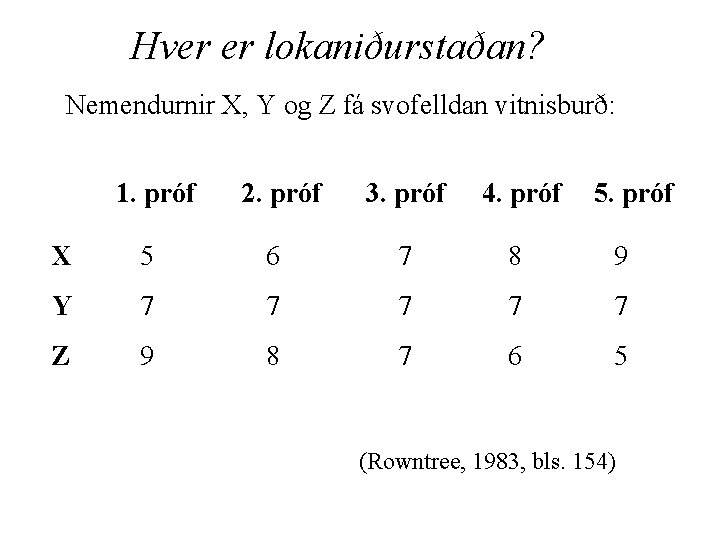 Hver er lokaniðurstaðan? Nemendurnir X, Y og Z fá svofelldan vitnisburð: 1. próf 2.