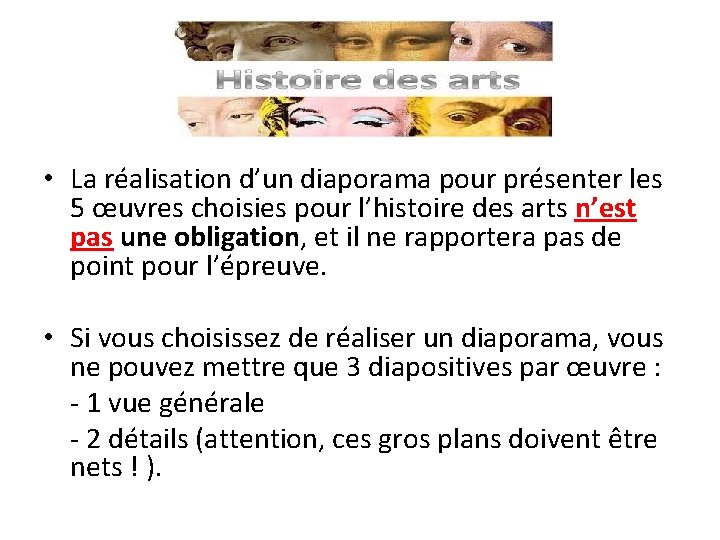• La réalisation d’un diaporama pour présenter les 5 œuvres choisies pour l’histoire • La réalisation d’un diaporama pour présenter les 5 œuvres choisies pour l’histoire