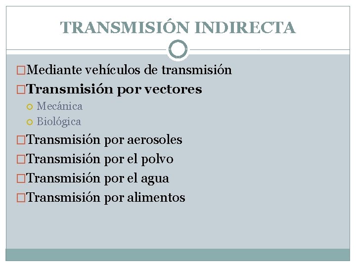 TRANSMISIÓN INDIRECTA �Mediante vehículos de transmisión �Transmisión por vectores Mecánica Biológica �Transmisión por aerosoles