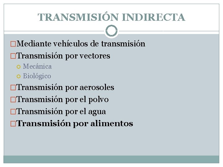 TRANSMISIÓN INDIRECTA �Mediante vehículos de transmisión �Transmisión por vectores Mecánica Biológico �Transmisión por aerosoles