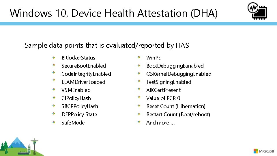 Windows 10, Device Health Attestation (DHA) Sample data points that is evaluated/reported by HAS