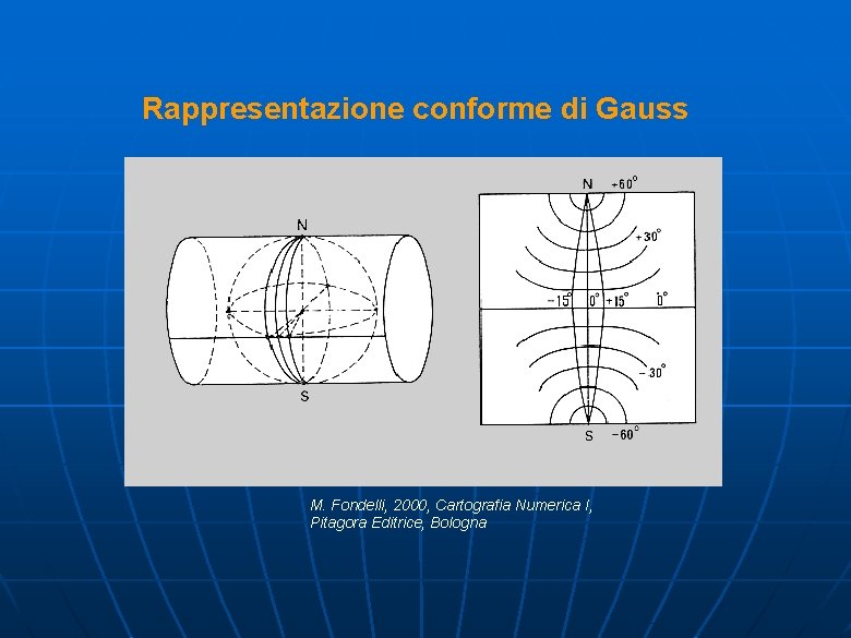 Rappresentazione conforme di Gauss M. Fondelli, 2000, Cartografia Numerica I, Pitagora Editrice, Bologna 