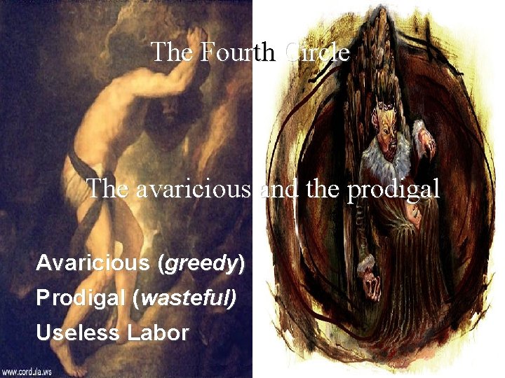 The Fourth Circle The avaricious and the prodigal Avaricious (greedy) Prodigal (wasteful) Useless Labor