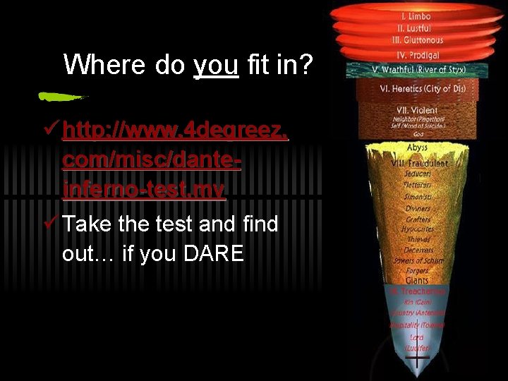 Where do you fit in? ü http: //www. 4 degreez. com/misc/danteinferno-test. mv ü Take