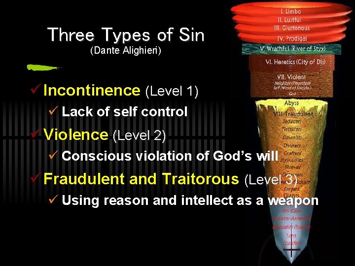 Three Types of Sin (Dante Alighieri) ü Incontinence (Level 1) ü Lack of self