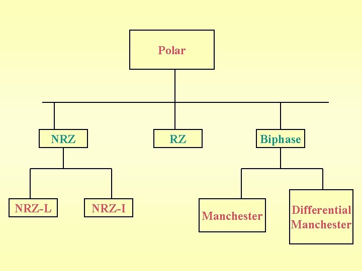 Polar NRZ-L RZ NRZ-I Biphase Manchester Differential Manchester 