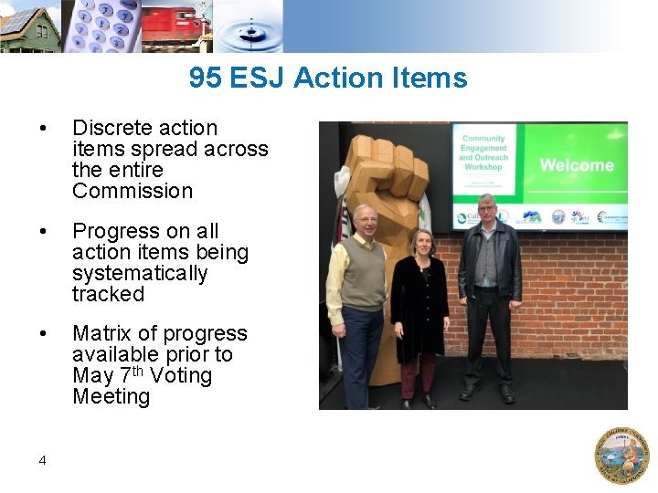 95 ESJ Action Items • Discrete action items spread across the entire Commission •
