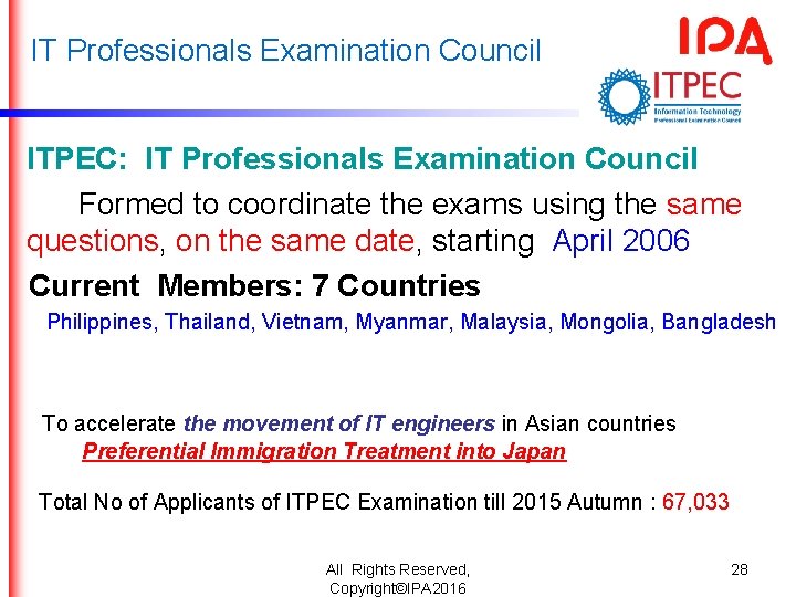 IT Professionals Examination Council ITPEC: IT Professionals Examination Council Formed to coordinate the exams IT Professionals Examination Council ITPEC: IT Professionals Examination Council Formed to coordinate the exams