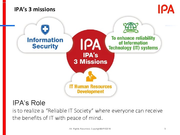 IPA’s 3 missions IPA’s Role is to realize a “Reliable IT Society” where everyone IPA’s 3 missions IPA’s Role is to realize a “Reliable IT Society” where everyone