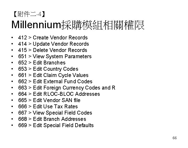 【附件二-4】 Millennium採購模組相關權限 • • • • 412 > Create Vendor Records 414 > Update