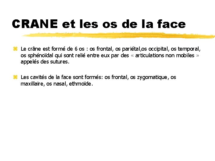 CRANE et les os de la face z Le crâne est formé de 6