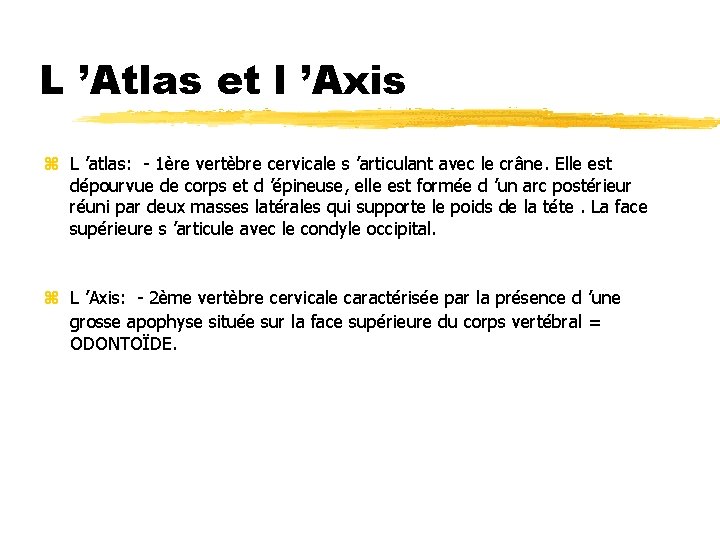 L ’Atlas et l ’Axis z L ’atlas: - 1ère vertèbre cervicale s ’articulant