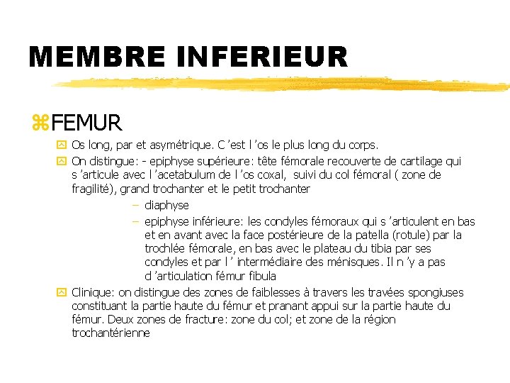 MEMBRE INFERIEUR z. FEMUR y Os long, par et asymétrique. C ’est l ’os