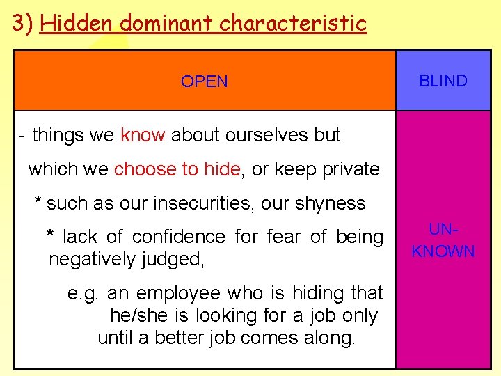 3) Hidden dominant characteristic OPEN BLIND - things we know about ourselves but which 3) Hidden dominant characteristic OPEN BLIND - things we know about ourselves but which