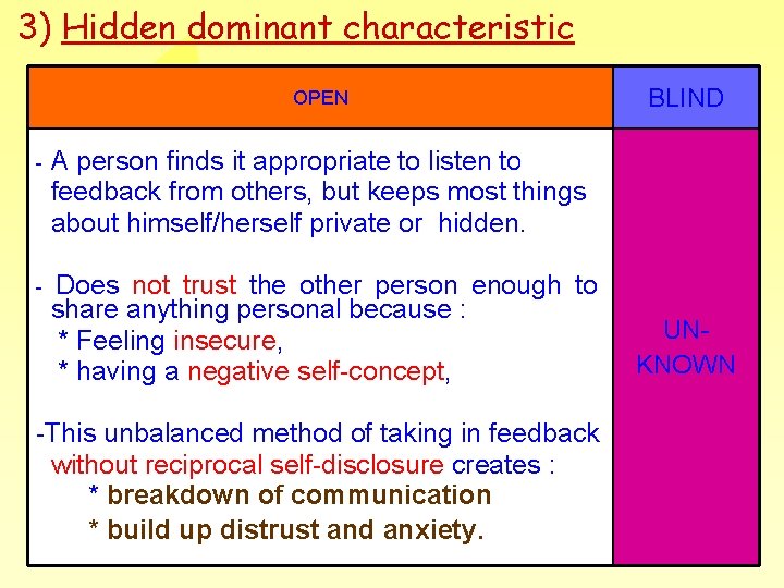 3) Hidden dominant characteristic OPEN BLIND - A person finds it appropriate to listen 3) Hidden dominant characteristic OPEN BLIND - A person finds it appropriate to listen