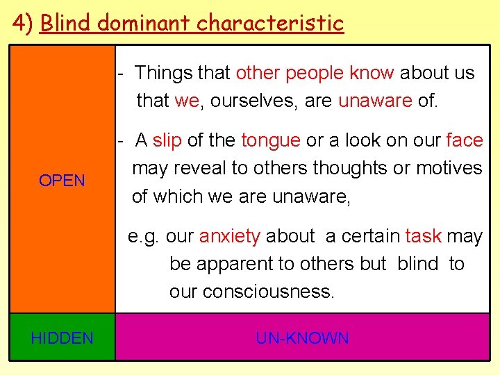 4) Blind dominant characteristic - Things that other people know about us that we, 4) Blind dominant characteristic - Things that other people know about us that we,