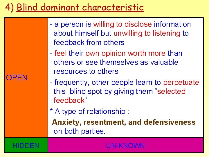 4) Blind dominant characteristic OPEN HIDDEN - a person is willing to disclose information 4) Blind dominant characteristic OPEN HIDDEN - a person is willing to disclose information