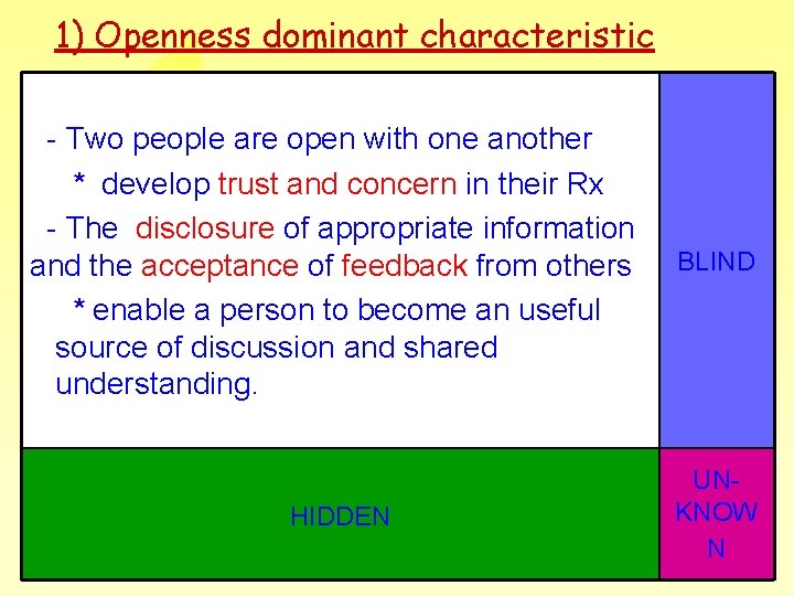 1) Openness dominant characteristic - Two people are open with one another * develop 1) Openness dominant characteristic - Two people are open with one another * develop