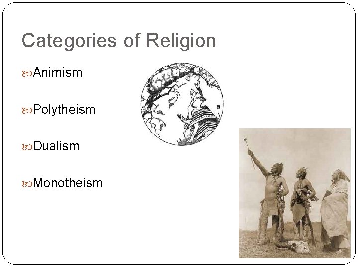 Categories of Religion Animism Polytheism Dualism Monotheism 