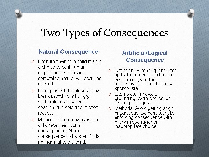 Two Types of Consequences Natural Consequence O Definition: When a child makes a choice