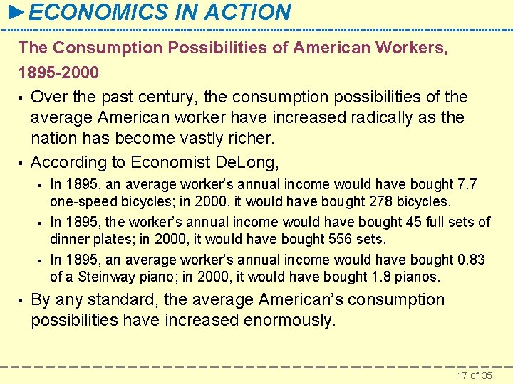 ►ECONOMICS IN ACTION The Consumption Possibilities of American Workers, 1895 -2000 § Over the