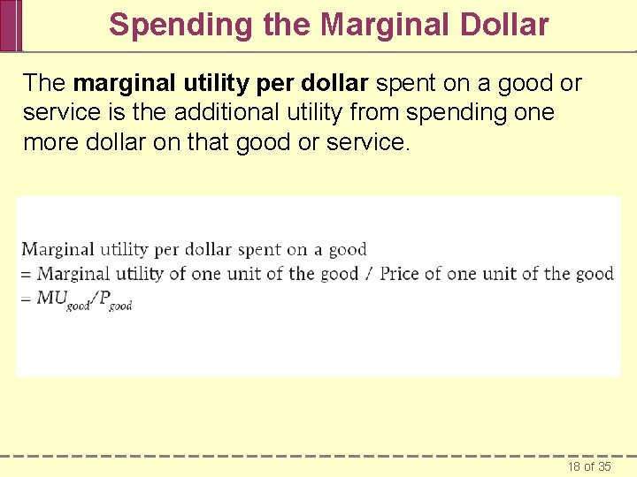 Spending the Marginal Dollar The marginal utility per dollar spent on a good or