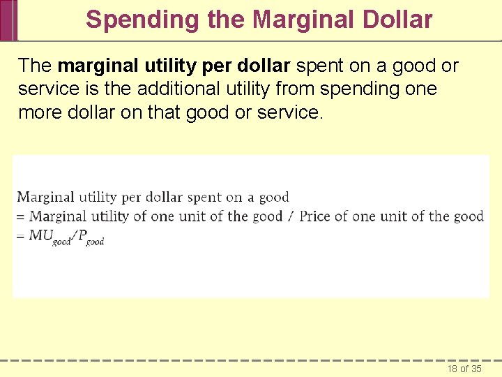Spending the Marginal Dollar The marginal utility per dollar spent on a good or