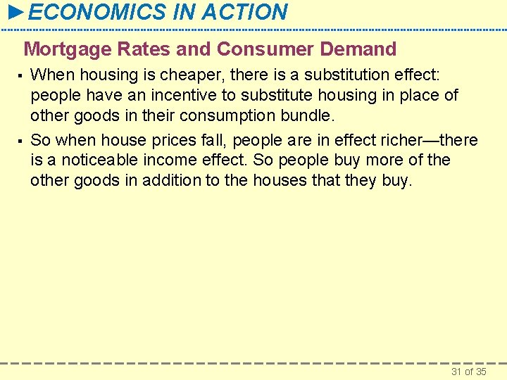 ►ECONOMICS IN ACTION Mortgage Rates and Consumer Demand § § When housing is cheaper,