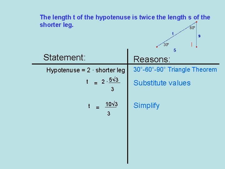 The length t of the hypotenuse is twice the length s of the shorter