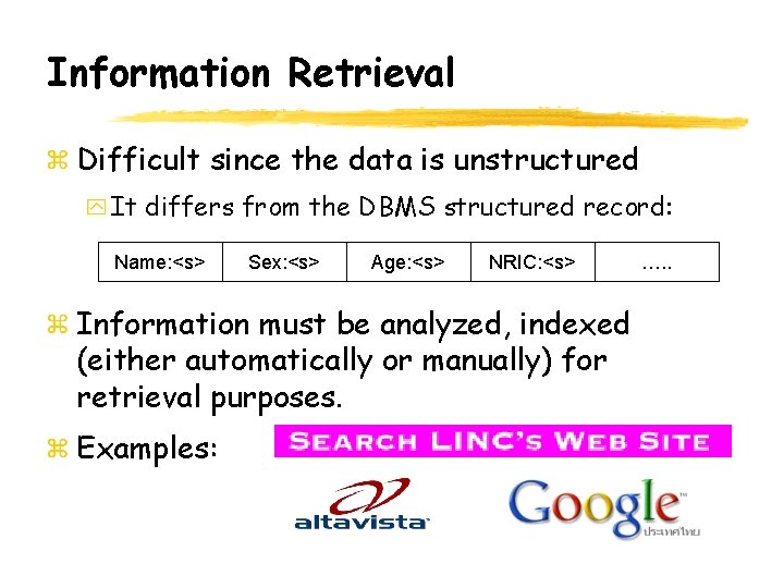 Information Retrieval Difficult since the data is unstructured It differs from the DBMS structured