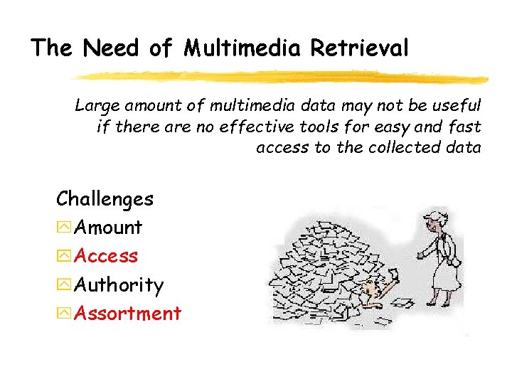 The Need of Multimedia Retrieval Large amount of multimedia data may not be useful