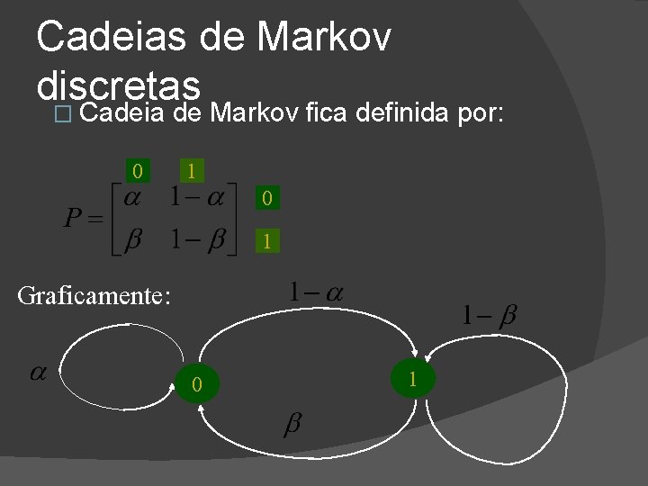 Cadeias de Markov discretas � Cadeia 0 de Markov fica definida por: 1 0