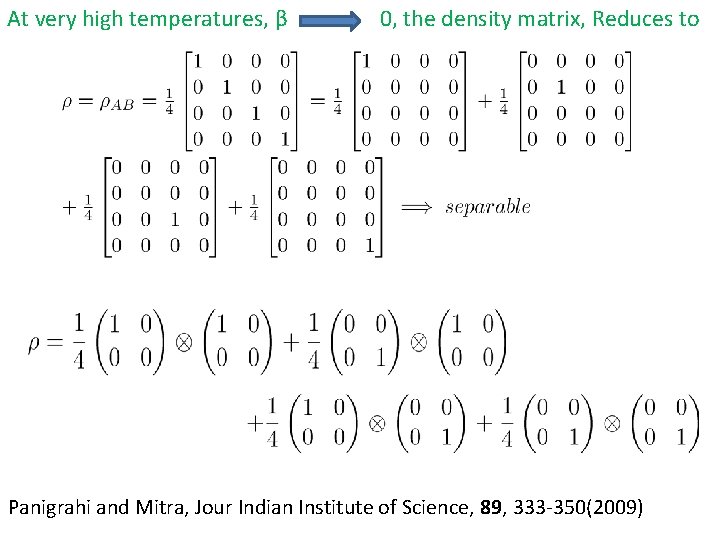 At very high temperatures, β 0, the density matrix, Reduces to Panigrahi and Mitra,