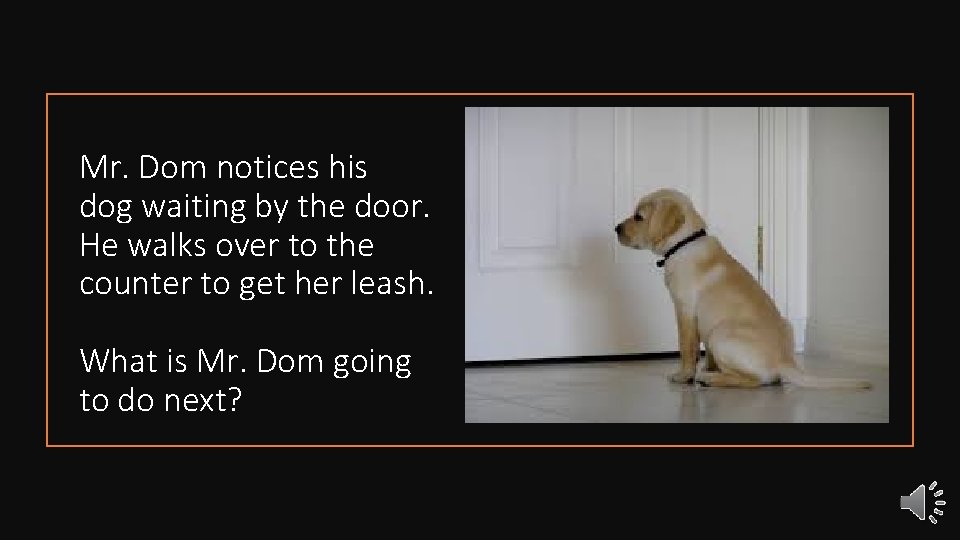 Mr. Dom notices his dog waiting by the door. He walks over to the