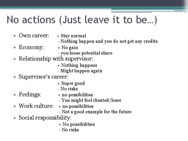 No actions (Just leave it to be…) • Own career: • Economy: + Stay