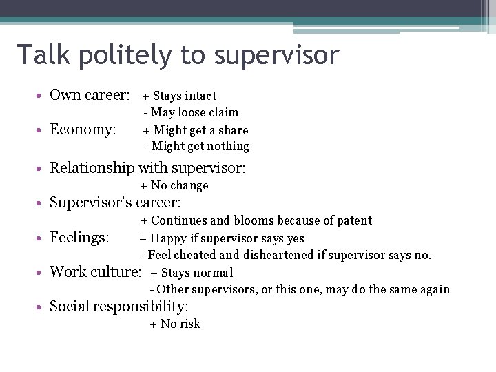 Talk politely to supervisor • Own career: • Economy: + Stays intact - May