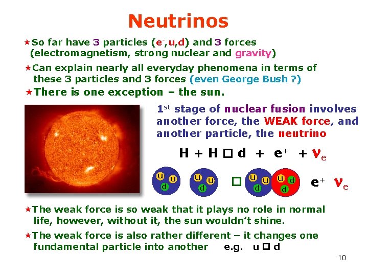 Neutrinos «So far have 3 particles (e-, u, d) and 3 forces (electromagnetism, strong