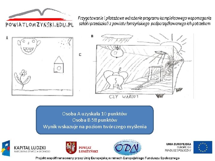 Osoba A uzyskała 10 punktów Osoba B 58 punktów Wynik wskazuje na poziom twórczego