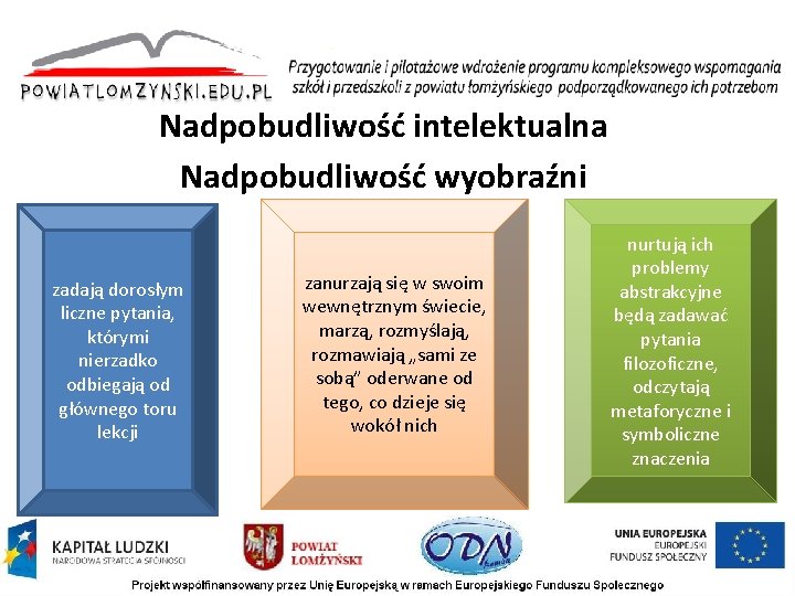 Nadpobudliwość intelektualna Nadpobudliwość wyobraźni zadają dorosłym liczne pytania, którymi nierzadko odbiegają od głównego toru Nadpobudliwość intelektualna Nadpobudliwość wyobraźni zadają dorosłym liczne pytania, którymi nierzadko odbiegają od głównego toru
