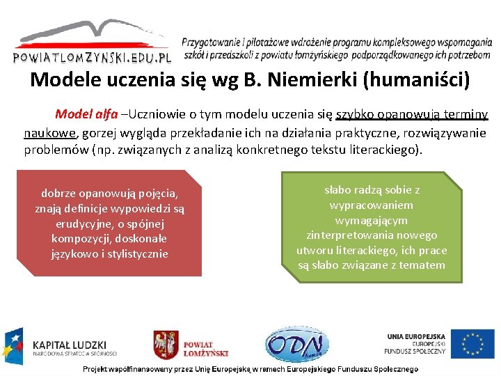 Modele uczenia się wg B. Niemierki (humaniści) Model alfa –Uczniowie o tym modelu uczenia