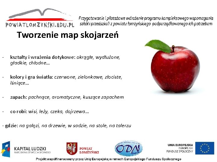 Tworzenie map skojarzeń kształty i wrażenia dotykowe: okrągłe, wydłużone, gładkie, chłodne… kolory i gra