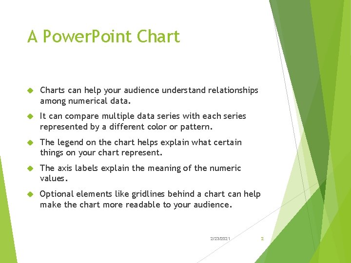 A Power. Point Charts can help your audience understand relationships among numerical data. It