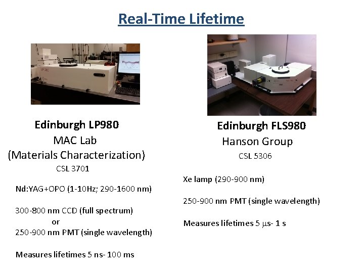 Real-Time Lifetime Edinburgh LP 980 MAC Lab (Materials Characterization) CSL 3701 Nd: YAG+OPO (1