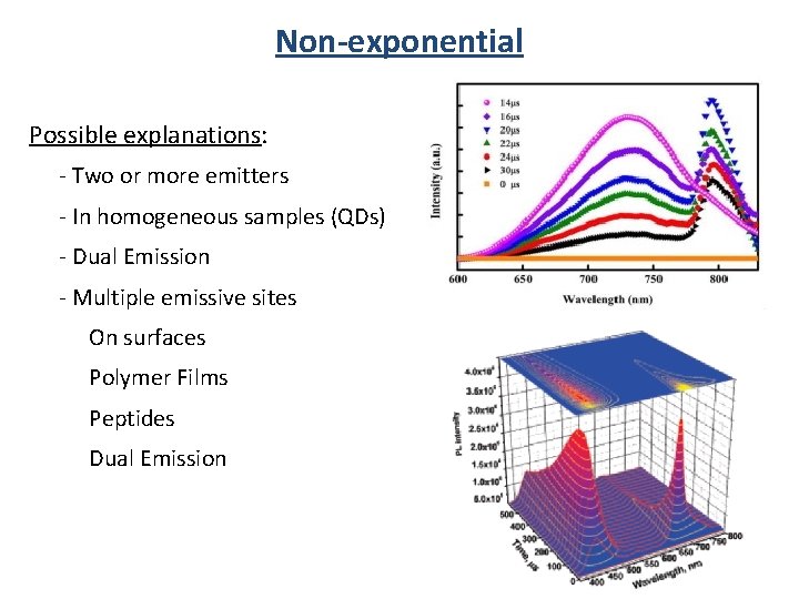 Non-exponential Possible explanations: - Two or more emitters - In homogeneous samples (QDs) -