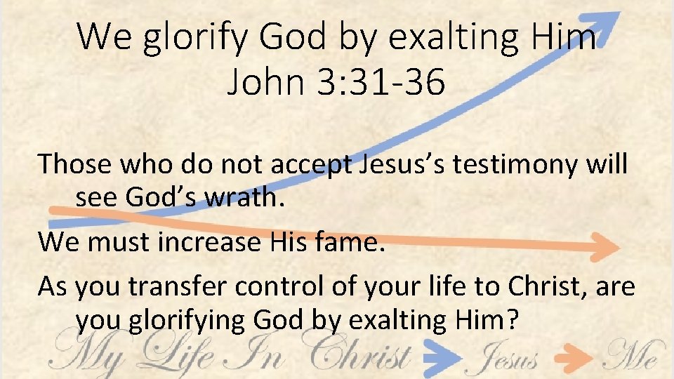 We glorify God by exalting Him John 3: 31 -36 Those who do not